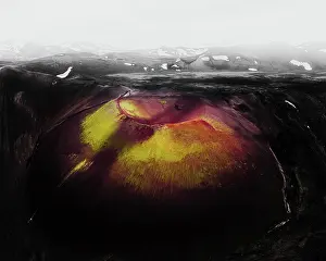 Pipe: Aerial view, volcanic crater with colourful sulphur