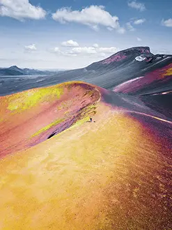 Craters: Aerial view, volcano, crater rim with yellow sulphur