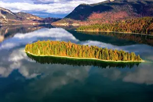 Walchensee: Aerial view, Walchensee, Sassau Island, Upper Bavaria