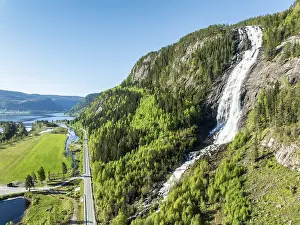 Keywords High: Aerial view of waterfall Reiarsfoss at lake Bygdlandsfjord
