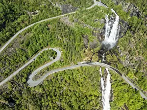 Keywords High: Aerial view of waterfall Skjervsfossen, near Granvin