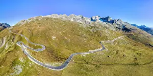 Moun: Aerial view, winding pass road Furka Pass, Canton