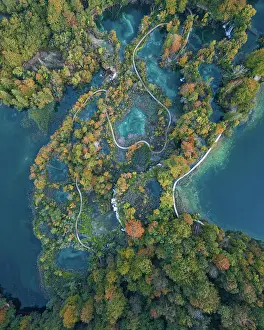 Dalmatia: Aerial view, winding path through Plitvice Lakes