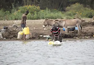 Containers: African men and donkeys collecting water Lake Naivasha