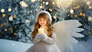 Fire: AI generated, girl, angel, winter, snow, ice, firs