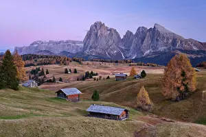 Cabin: Alpine huts on the Alpe di Siusi, autumn, sunset