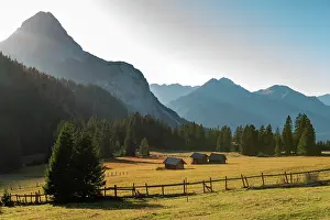 Huts: Alpine huts in a meadow, Alpine landscape, Ehrwalder