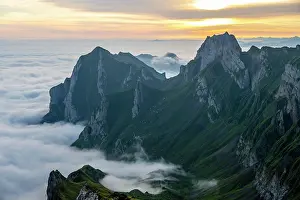 Alpstein: Alpstein, valley of Meglisalp at sunrise, high fog