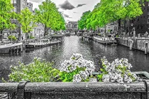 Canal: Amsterdam, Netherlands. Colorized black and white view of