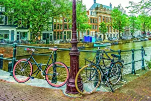 Bridge: Amsterdam, Netherlands. Wide angle landscape view of boat