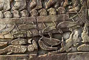 Brian Mcdairmant: Angkor Bayon bas-reliefs Fish and crocodile cham warship