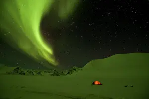 Tent: Aurora borealis on a bivouac at Cap Hoeghon, Kolding
