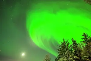 Lighting: Aurora borealis - northern lights and full moon lighting up