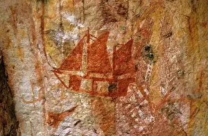 Masted: Australia - rock art, a two-masted lugger from