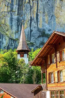 Church: Autumn view of Lauterbrunnen church tower in Swiss