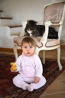 Rooms: Baby sitting and cat asleep on a chair France