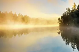 Etang: Backlit sunrise with wafts of mist over the mirror-smooth