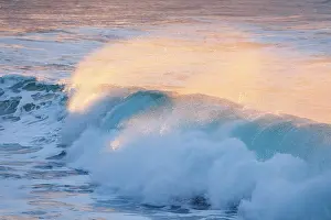 Spray: Backlit wave breaking in warm evening light on open sea off