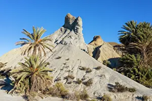 Isolation: Bare ridges of eroded sandstone and palm trees in