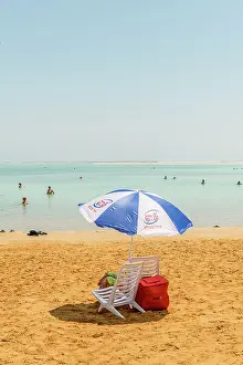 Chair: Beach chair and parasol at the beach, Ein Bokek