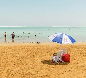 Chair: Beach chair and parasol at the beach, Ein Bokek