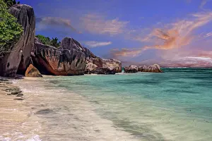 Seychelles: Beach and granite rocks, evening, at the dream beach