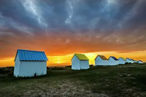 Huts: Beach huts in Gouville sur mer at sunset, Manche