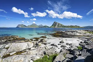 Norwegian: Beach at Myrland, coast and mountains