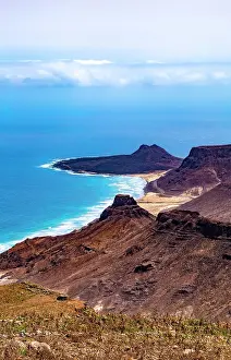 Praia: Beach Praia Grande between volcanic mountains, island
