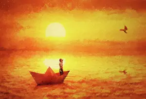 Ship: Beautiful painting with a boy floating in a paper