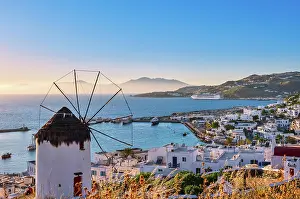 Moored: Beautiful view famous Greek white windmill overlooking