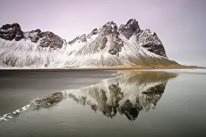 Mirrored: Black lava beach, Mount Vestrahorn, Stokksnes, Eastern