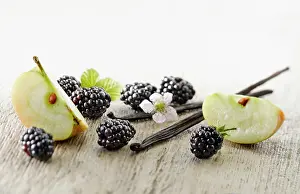 Bramble: Blackberry, Rubus cultivar. Several berries arranged