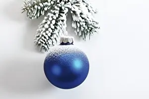Balls: Blue Christmas ball and fir branch with snow