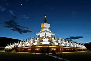 Hour: Blue Hour over Tibetan Chorten, Stupa Complex in