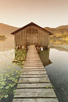 Kochel: Boat hut in Lake Kochel, Upper Bavaria, Bavaria