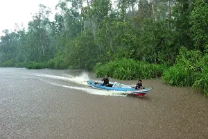 Sekonyer: boat on Sekonyer river with heavy rain