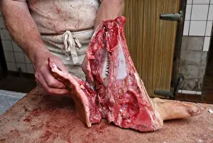 Shops: Boucher preparing a pig's head Vosges France