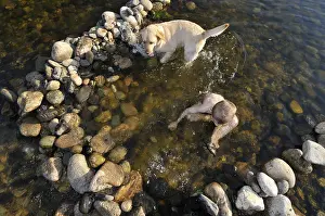 Baths: Boy playing with his dog in Eyrieux River Ardeche France