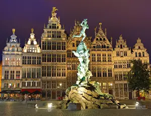 Antwerp: The Brabo Fountain in the Grote Markt at night in