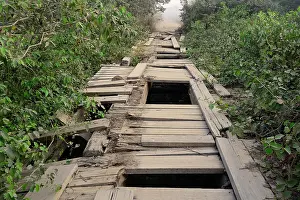 Destroyed: Broken wooden bridge on the Transpantaneira, Pantanal