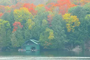 Ontario: Canada, Ontario. Boathouse in autumn fog
