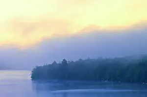 Ontario: Canada, Ontario. Fog at dawn on Lang Lake