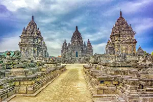 Java: Candi Prambanan, Java, Indonesia. Wide angle landscape view