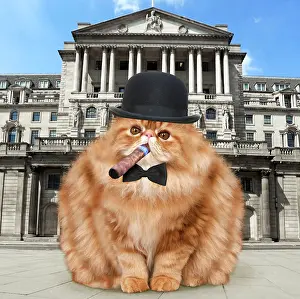 Smoking: Cat - fat cat with bowler hat bow tie & cigar outside