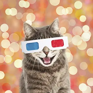 040718: CAT, Grey tabby cat wearing 3D glasses, lights CAT