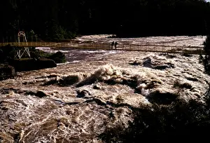 Downstream: Cataract Gorge in flood and tourists on the Suspension