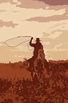 Cattleman: Cattleman riding Quarter / Paint Horse - using lasso. Ponder