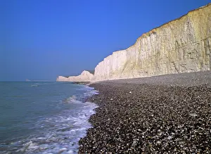 Birling: Chalk cliffs - coastline with beach and chalk cliffs