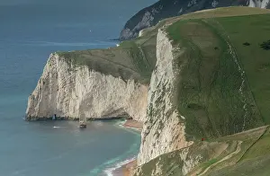 Dorset: Chalk cliffs and downs west of Lulworth, looking